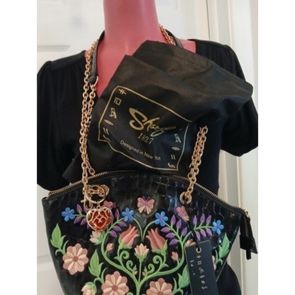 NWT Sharif 1827 Black Floral Embroidered Shoulder Bag Gold Chain Strap ❤️Charm